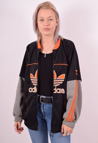 ADIDAS WOMENS VINTAGE TRACKSUIT TOP JACKET XL BLACK 90S