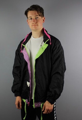 VINTAGE FESTIVAL SHELL WINDBREAKER IN BLACK WITH POCKETS AND