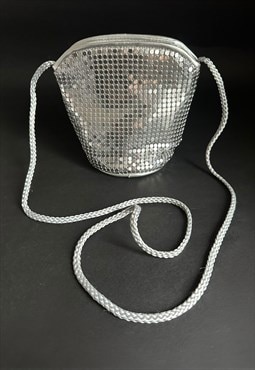 80's Vintage Silver Chainmail Grey Mini Cross Bag