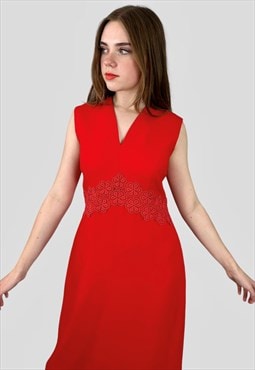 70's Vintage Ladies Sleeveless Red Lace Trim Maxi Dress