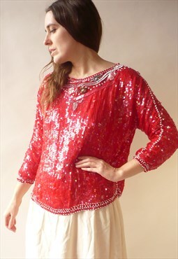 1980's Vintage Bright Red Indian Made Sequin Deco Style Top