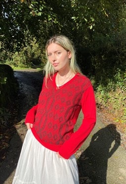Vintage Knitted Patterned Size M Jumper in Red