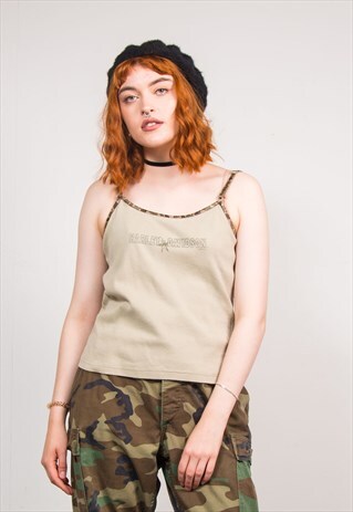 VINTAGE 90'S KHAKI HARLEY DAVIDSON CAMO TRIM VEST TOP
