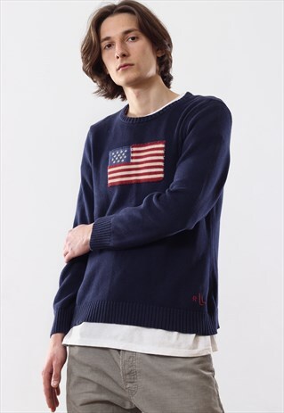 VINTAGE MEN RALPH LAUREN KNITTED BIG LOGO USA JUMPER SWEATER