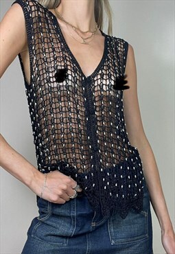 Vintage Y2K Crochet Top Cami Waistcoat Beaded Festival Black