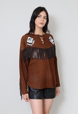 70's Ladies Vintage Brown Suede Tassell Western Fringe Top