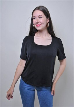 90s square neck black blouse, vintage minimalist shirt