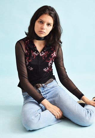 90'S RETRO KITSCH EMBROIDERED MESH PARTY TOP