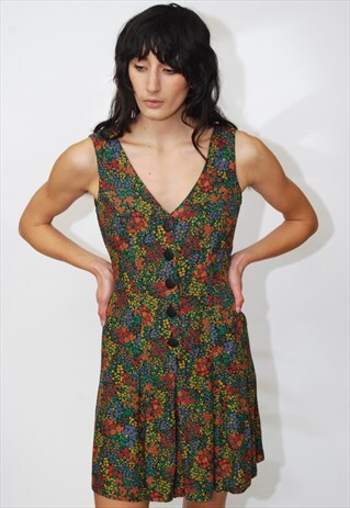 VINTAGE FLORAL ROMPER (M) BLACK 90S PLAYSUIT SHORT PRINT TIE
