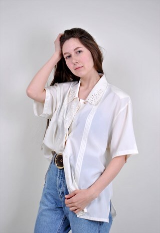 VINTAGE PLUS SIZE WHITE BLOUSE, 90S LACE FORMAL SHIRT