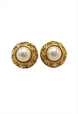 Dior Earrings Pearl Gold Crystal Round Studs Vintage Authent