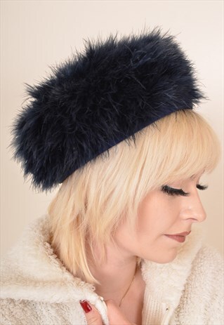 VINTAGE FLUFFY FAUX FUR HAT IN MIDNIGHT BLUE
