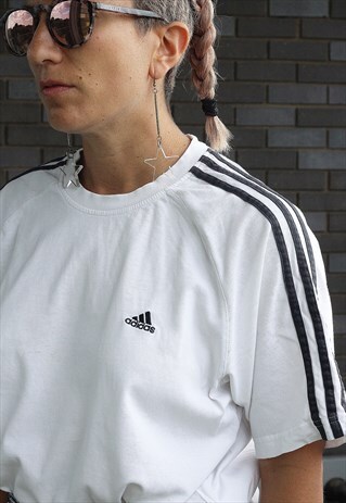 VINTAGE 1990S ADIDAS WHITE AND BLACK 3 STRIPE T SHIRT