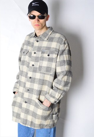 VINTAGE 80S BEIGE CHECK WOOL BLEND THICK SHIRT