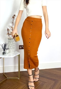 Midi Pencil Skirt in Fine Knit bodycon style in Brown