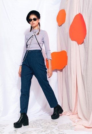 VINTAGE JEANS 80S HIGH-WAISTED PINSTRIPED DENIM TROUSERS