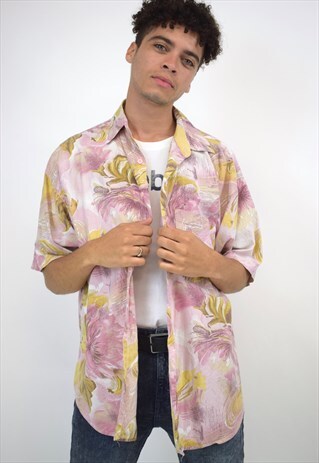 VINTAGE 90S PINK GREEN FLORAL PRINT SHIRT