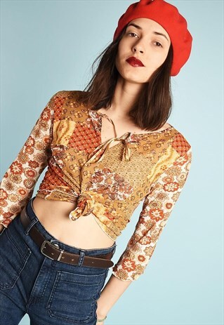 Y2K RETRO BOHO FLORAL PRINT MESH FESTIVAL TOP