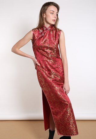 90S RED SLEEVELESS ORIENTAL MAXI DRESS