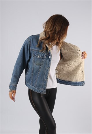 VINTAGE SHERPA LINED DENIM JACKET OVERSIZED UK 14 LARGE (Q4L