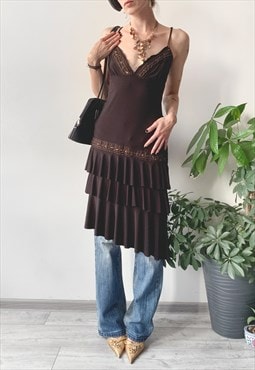 Vintage Y2K Summer Brown Asymmetric Ruffle Midi Cami Dress