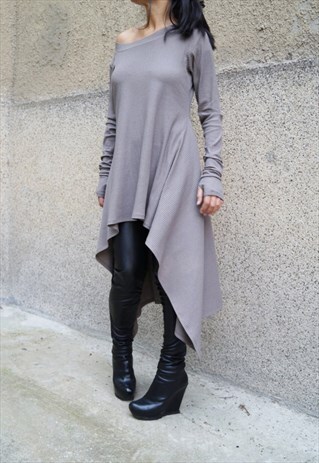 ASYMMETRICAL SWEATER KNIT DRESS RIBBED MAXI BLOUSE F1295