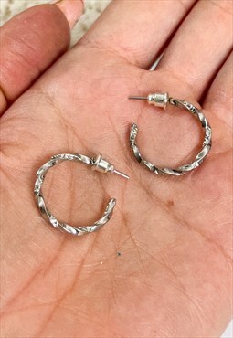 1990's Small Silver Twist Hoop Earrings