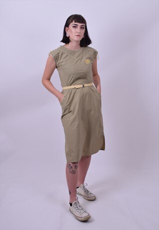 VINTAGE 80'S KHAKI GREEN SUMMER DRESS SIZE 8 TO 10