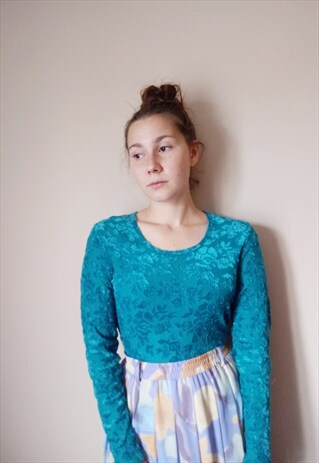 VINTAGE 90S GRUNGE INDIE TURQUOISE AUTUMN FLORAL VELVET TOP