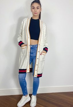 Jacquard design knit Long Cardigan with Gold Trim design 