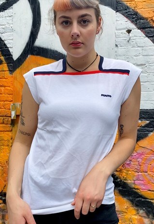 VINTAGE 80S T-SHIRT SPORTS IN WHITE WITH RED AND BLUE DETAIL