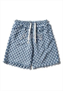 Check print shorts shredded skater crop pants in blue