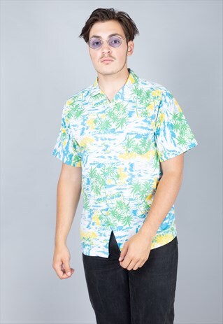 VINTAGE 90S CRAZY PRINT HAWAIIAN FESTIVAL SHIRT. UNISEX.