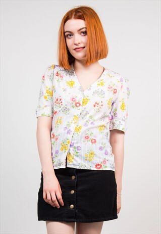 VINTAGE 70'S CUTE FLORAL PATTERN BLOUSE SHIRT