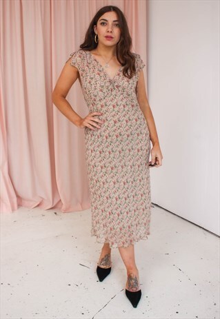VINTAGE 90S CHIFFON MIDI DRESS IN DITSY FLORAL PRINT