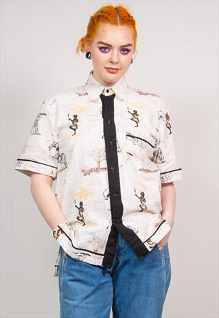 VINTAGE 90'S WHITE SAFARI PRINT SHORT SLEEVE SHIRT