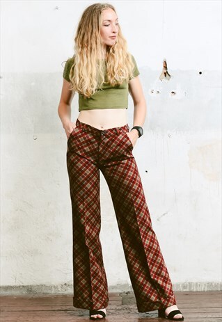 VINTAGE 70S CHECK PRINT FLARED TROUSERS
