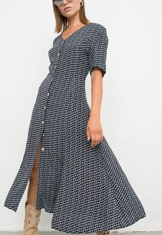 VINTAGE MAXI ROBE DRESS FLORAL HIGH WAIST DRESS BUTTON UP