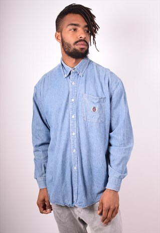 TOMMY HILFIGER MENS VINTAGE DENIM SHIRT LARGE BLUE 90S