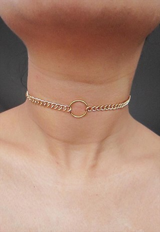 TWO WAY CIRCLE PENDANT CHOKER CHAIN - GOLD