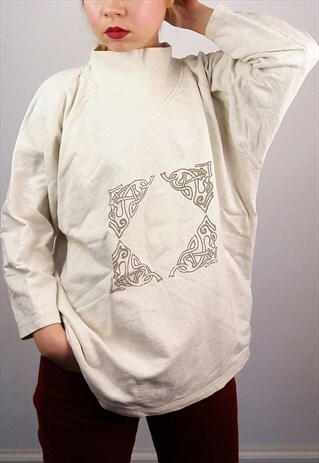 VINTAGE 80'S HIGH NECK SWEATSHIRT JUMPER GRAPHIC PRINT