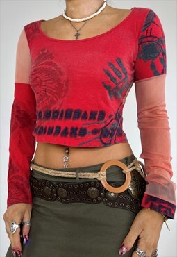 Vintage Y2k Top Mesh Long Sleeves Graphic Print Grunge 90s 