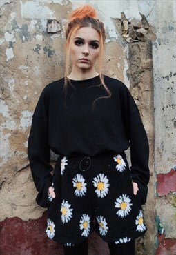 Daisy fleece shorts handmade floral cropped overalls black