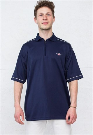 90S VINTAGE NAVY GANT 1/4 ZIP SHORT SLEEVE POLO SHIRT