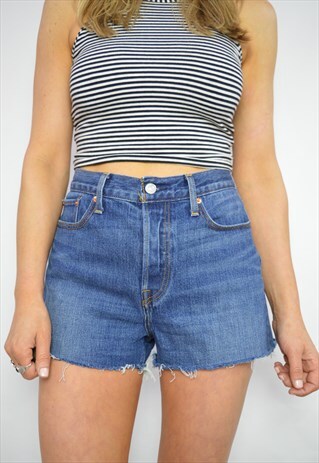 90S LEVI'S BLUE WASH HIGH WAIST FRAYED JEAN SHORTS RETRO