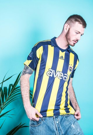 VINTAGE ADIDAS FOOTBALL SHIRT IN YELLOW AND NAVY BLUE