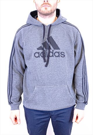 VINTAGE ADIDAS HOODIE GREY WITH STRIPED SLEEVES AND LOGO