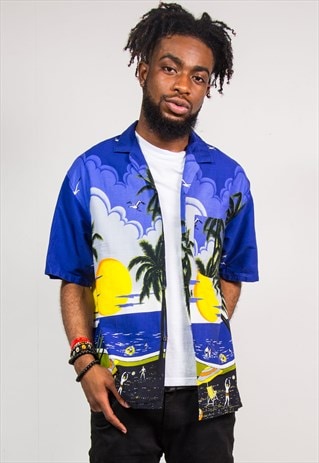 VINTAGE 90'S BLUE HAWAIIAN SHORT SLEEVE SHIRT