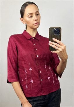 Vintage Burgundy Linen Embroidered Blouse 