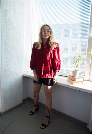 VINTAGE 70'S BURGUNDY RED BOW COLLAR BLOUSE